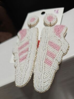 Pink & White Seed Beaded Tennis Shoes Dangle Earrings